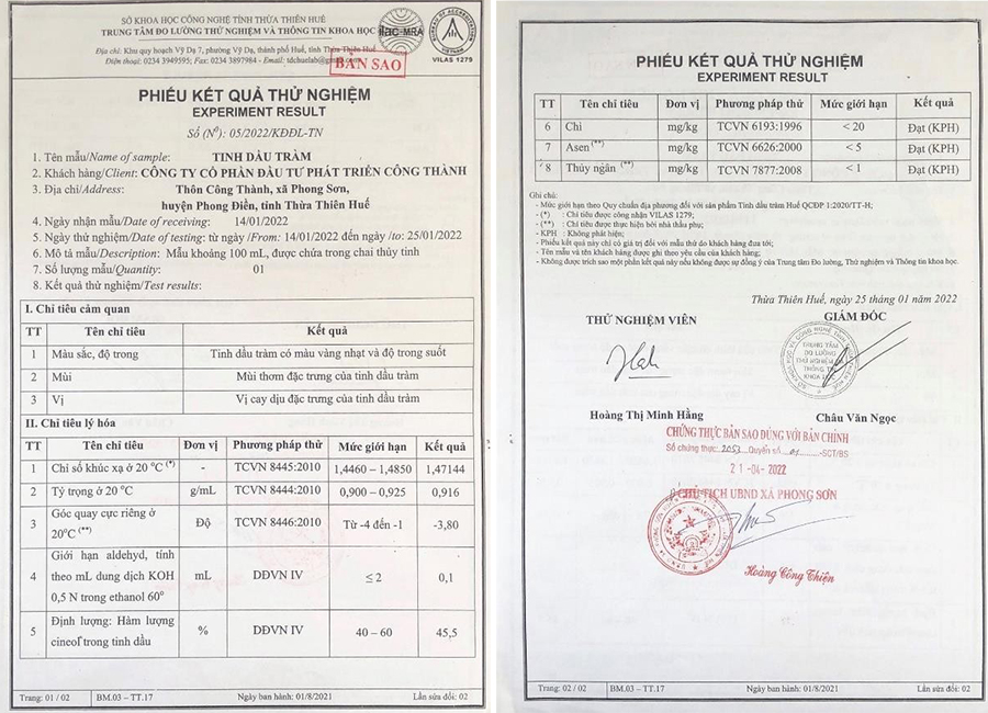 Phiếu kết quả kiểm nghiệm Tinh dầu Tràm Huế